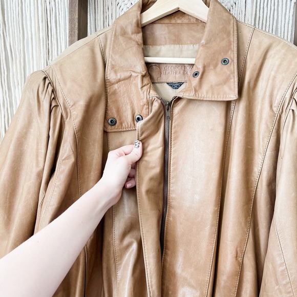 Tan Leather Bomber Jacket - Picture 5 of 10